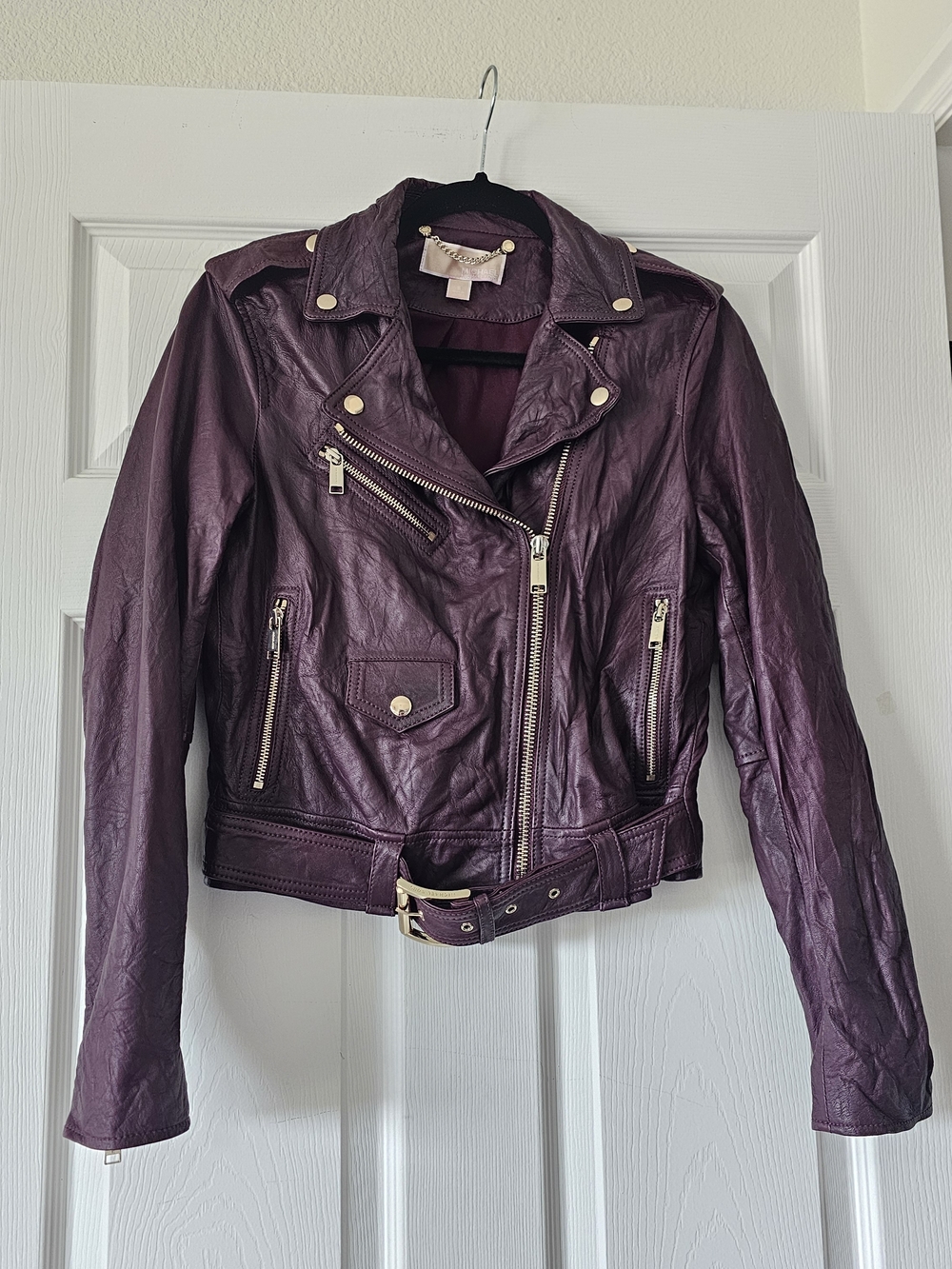 Michael Kors Lambs Leather Dark Plum Burgundy Collar Moto Jacket Biker Small #2 - Picture 2 of 9